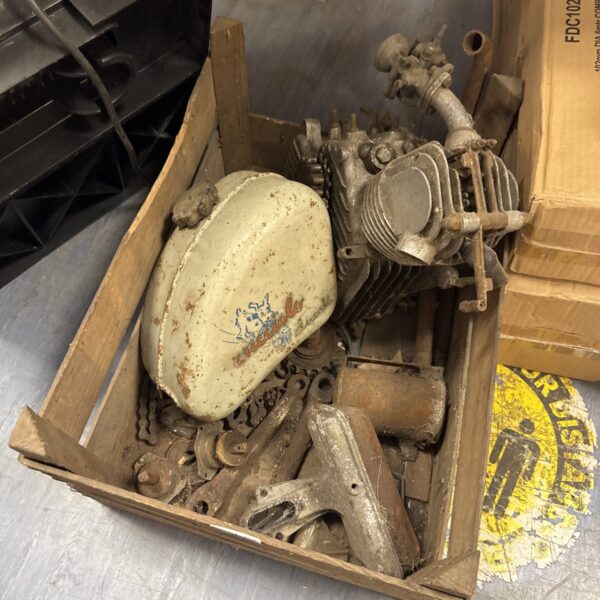 Tray of vintage bycycle conversion kit parts Inc ducati engine and cucciolo fuel tank and parts for conversion