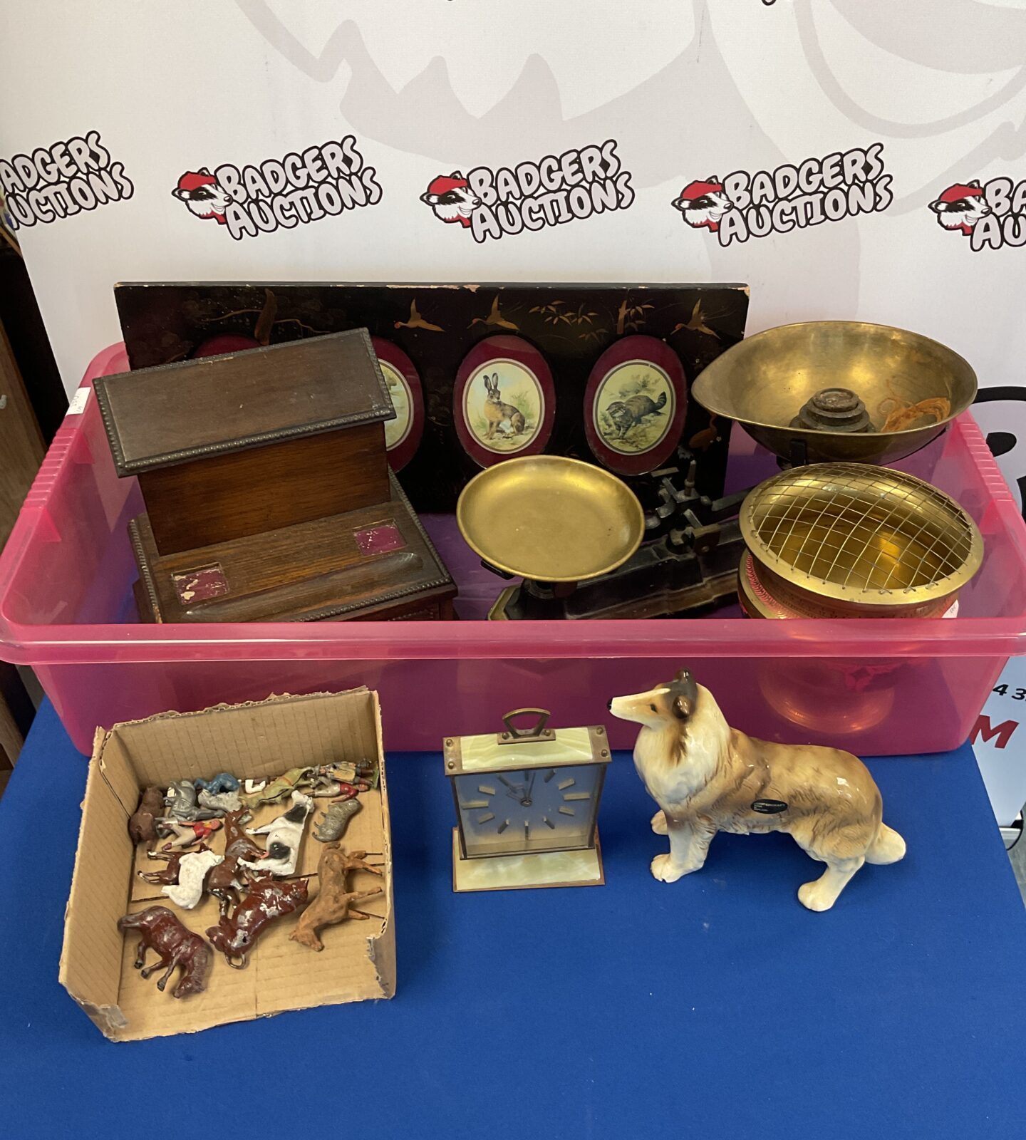 Box of mixed to include vintage scales & oak desk tidy