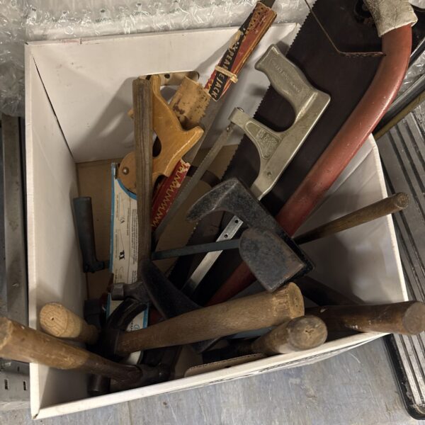 Box of assorted tools inc saws & others