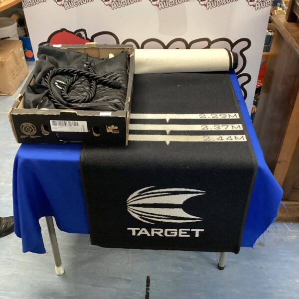 Target Darts mat with two black full length curtains with ties