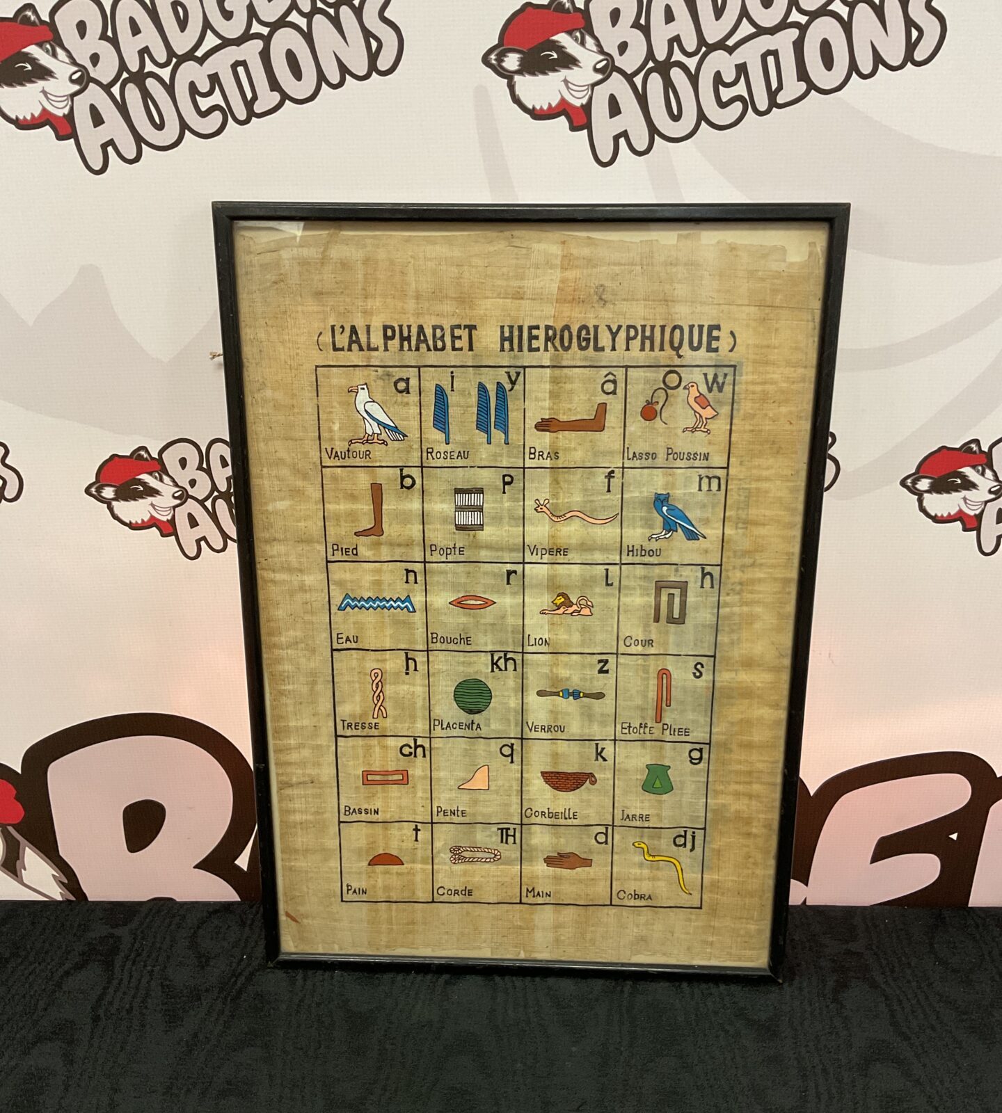Framed Egyptian papyrus hieroglyphic alphabet