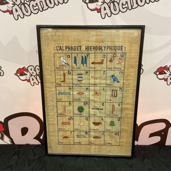 Framed Egyptian papyrus hieroglyphic alphabet