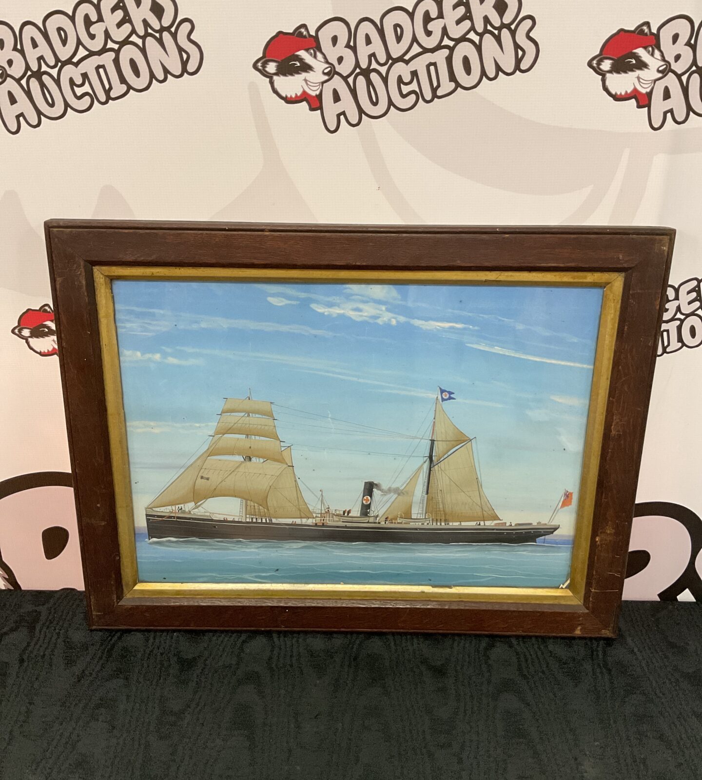Antique oak framed oil painting of a british navy hospital ship