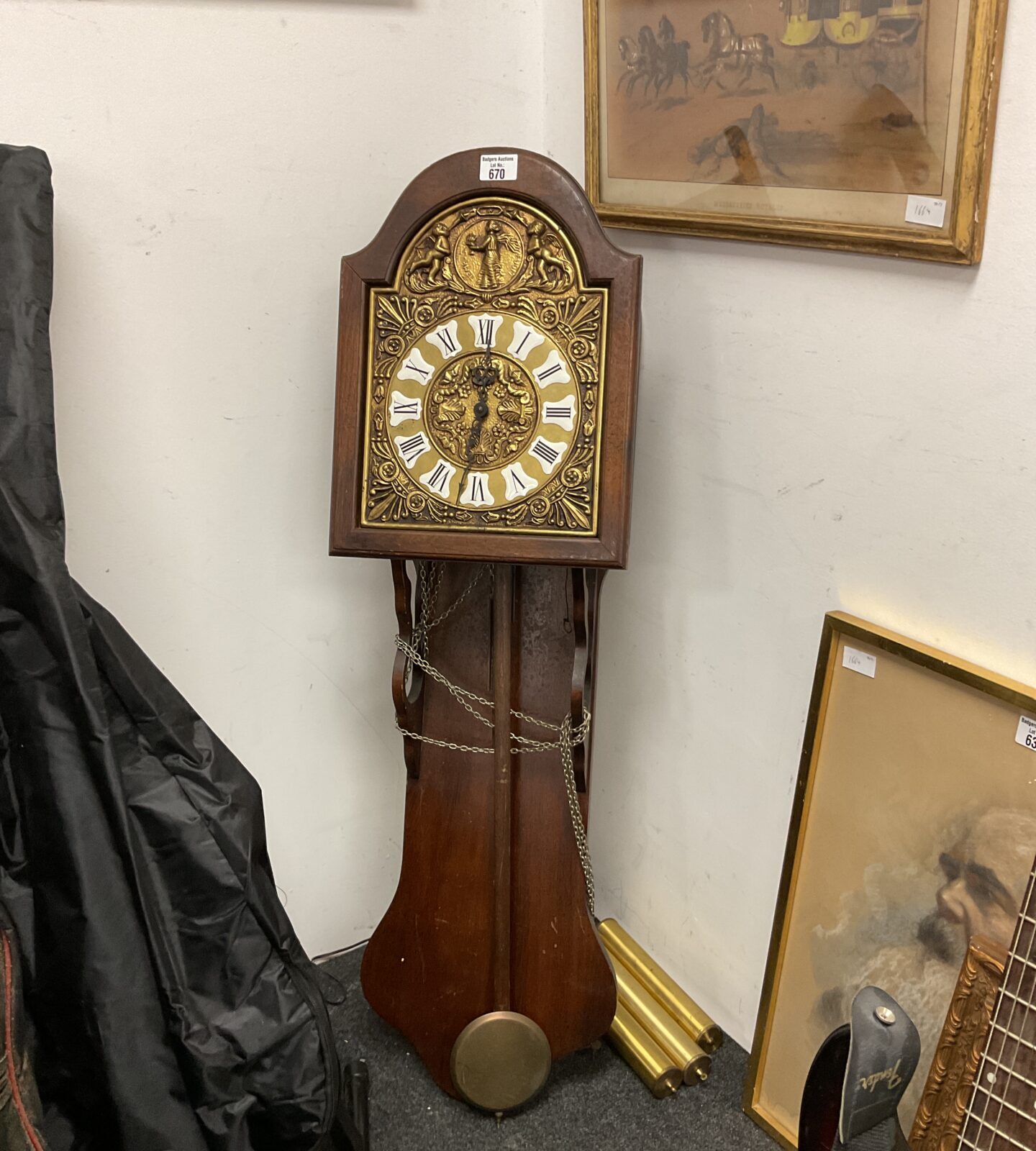 Large reproduction dutch Friesian wall clock with pendulum & weights