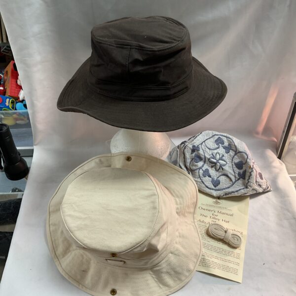 Three hats inc the Tilley hat And Barbour style hat and other