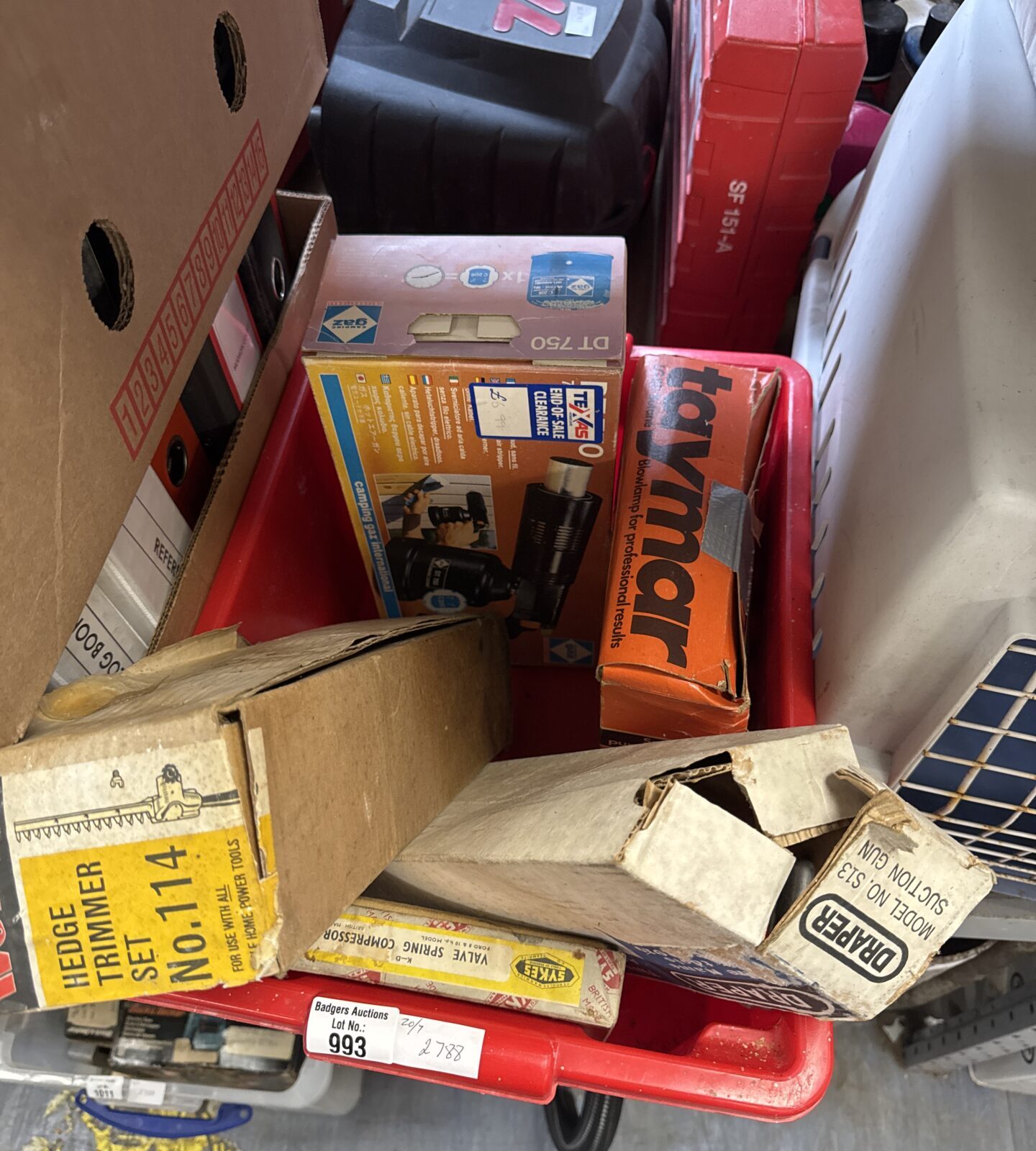 Box of shed clearance items inc camping gaz blow lamp & others