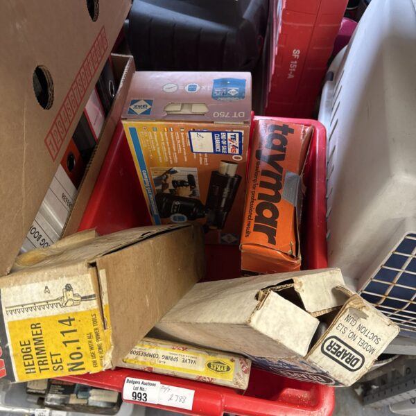 Box of shed clearance items inc camping gaz blow lamp & others