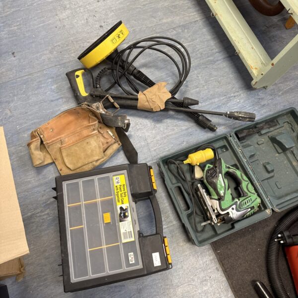 Bundle of karcher pressure washer attachments, a tool belt, hitachi 110v jigsaw (untested) & a tool case