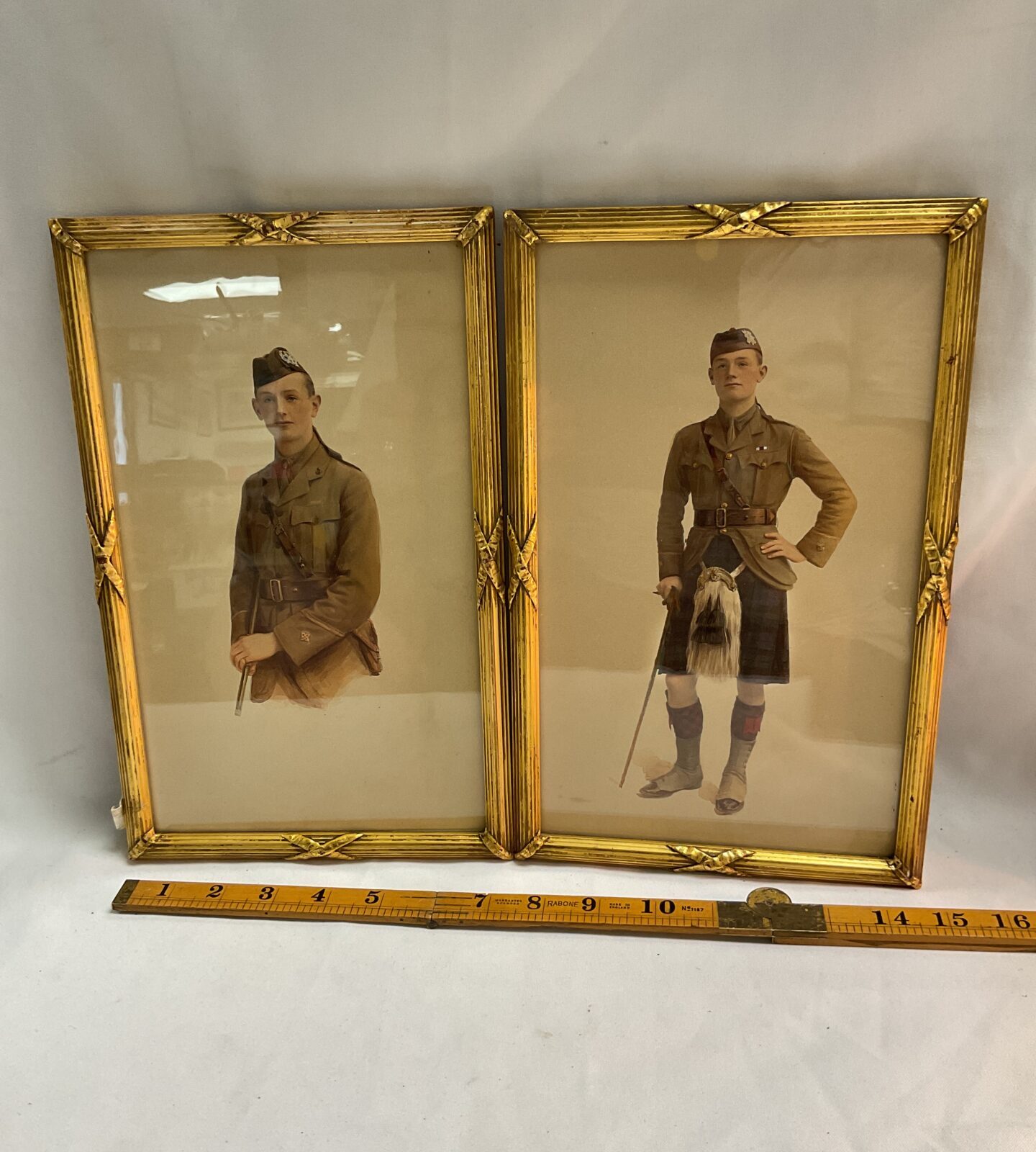 Two framed watercolour paintings of Scottish soldiers poss black Watch and rifleman cameronians
