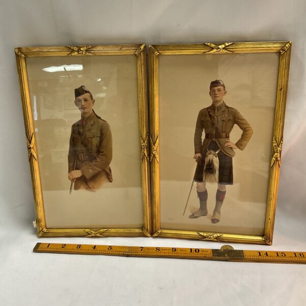 Two framed watercolour paintings of Scottish soldiers poss black Watch and rifleman cameronians
