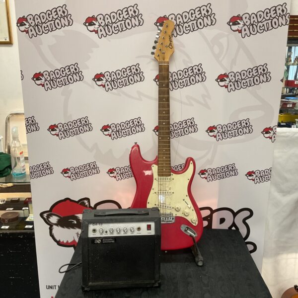 Red cheetah electric guitar with acoustic solutions amplifier