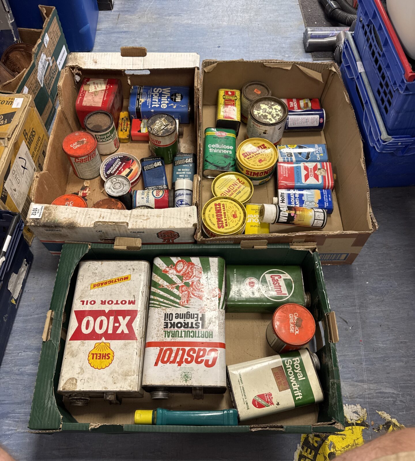 Three trays of garage clearance tins (some empty some have contents)