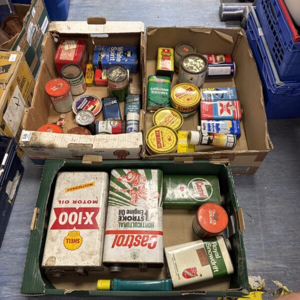 Three trays of garage clearance tins (some empty some have contents)