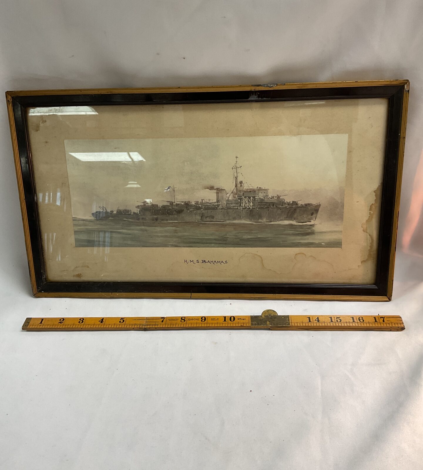 Second World War framed watercolour of H.M.S. Bahamas