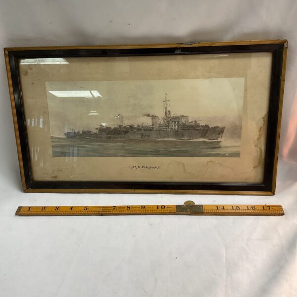 Second World War framed watercolour of H.M.S. Bahamas