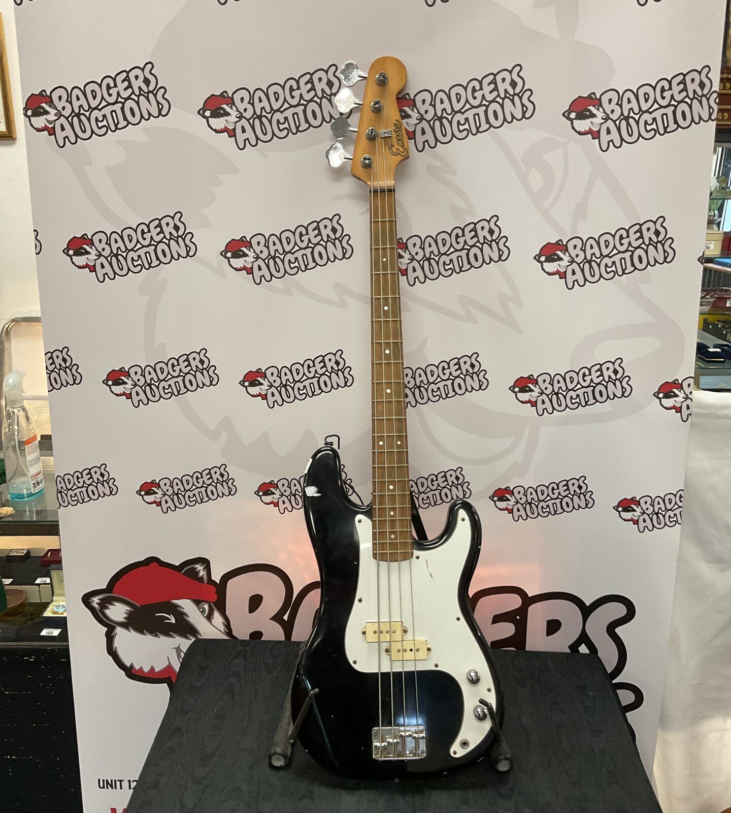 Black encore bass guitar