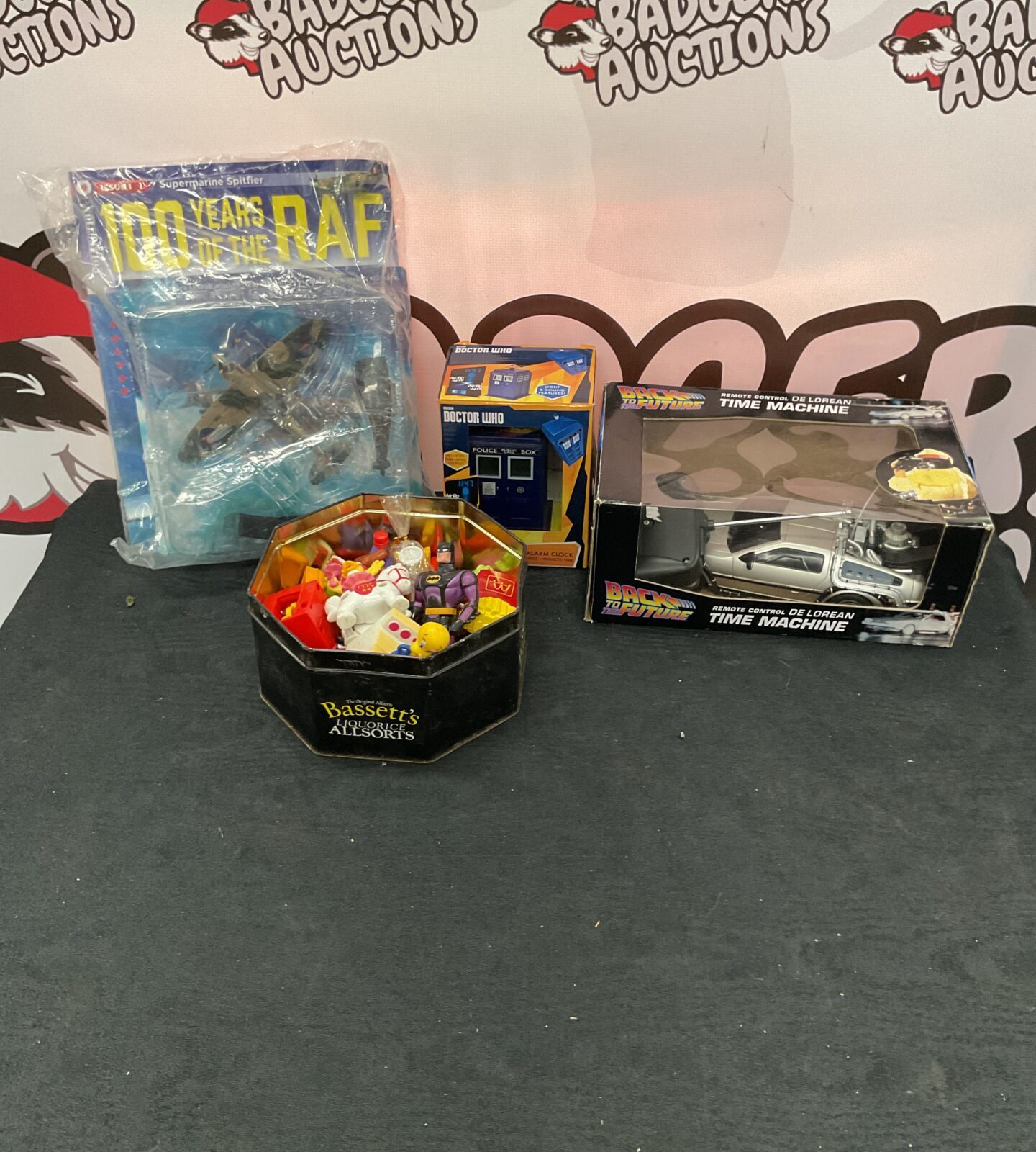 Box of mixed toys inc match attax cards collection, back to the future deloreon rc car amd retro mcdonalds toys