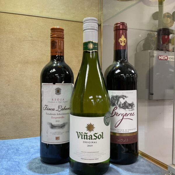 Three bottles of wine inc vinasol 2019 & bergerac 2023