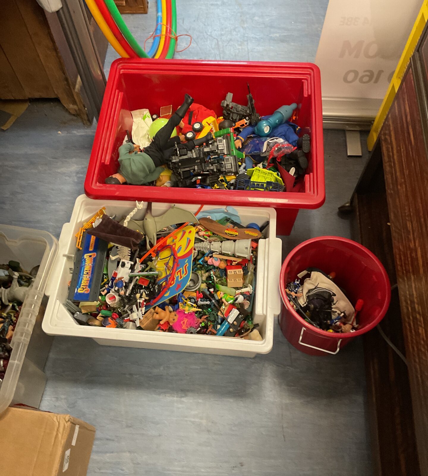Two boxes and small bucket full of moxed retro toys inc action men, zoids and sega