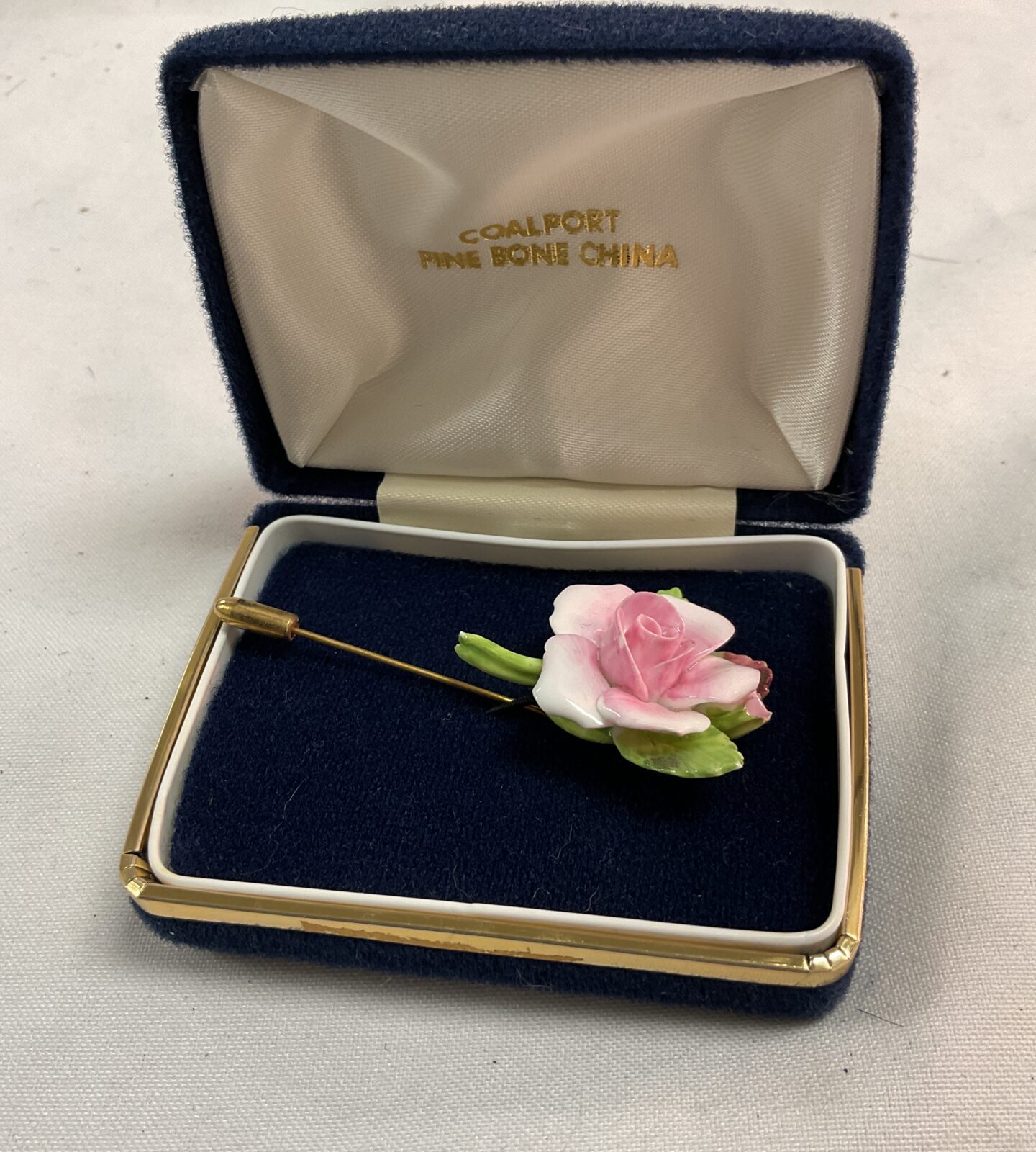 Coalport bone china rose brooch on gold tone pin