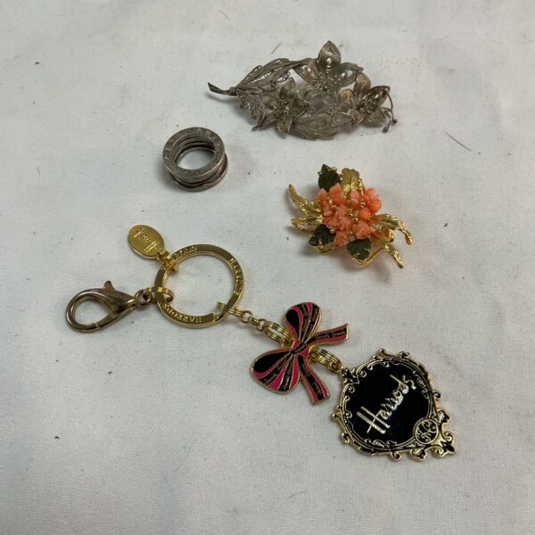 collection jewellery inc silver brooch , coral brooch and Harrods keyring