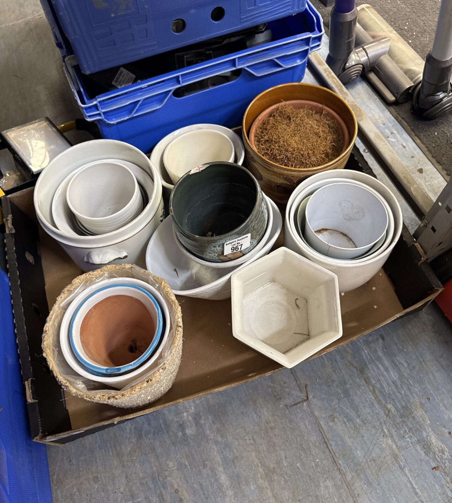 Tray of assorted plant pots