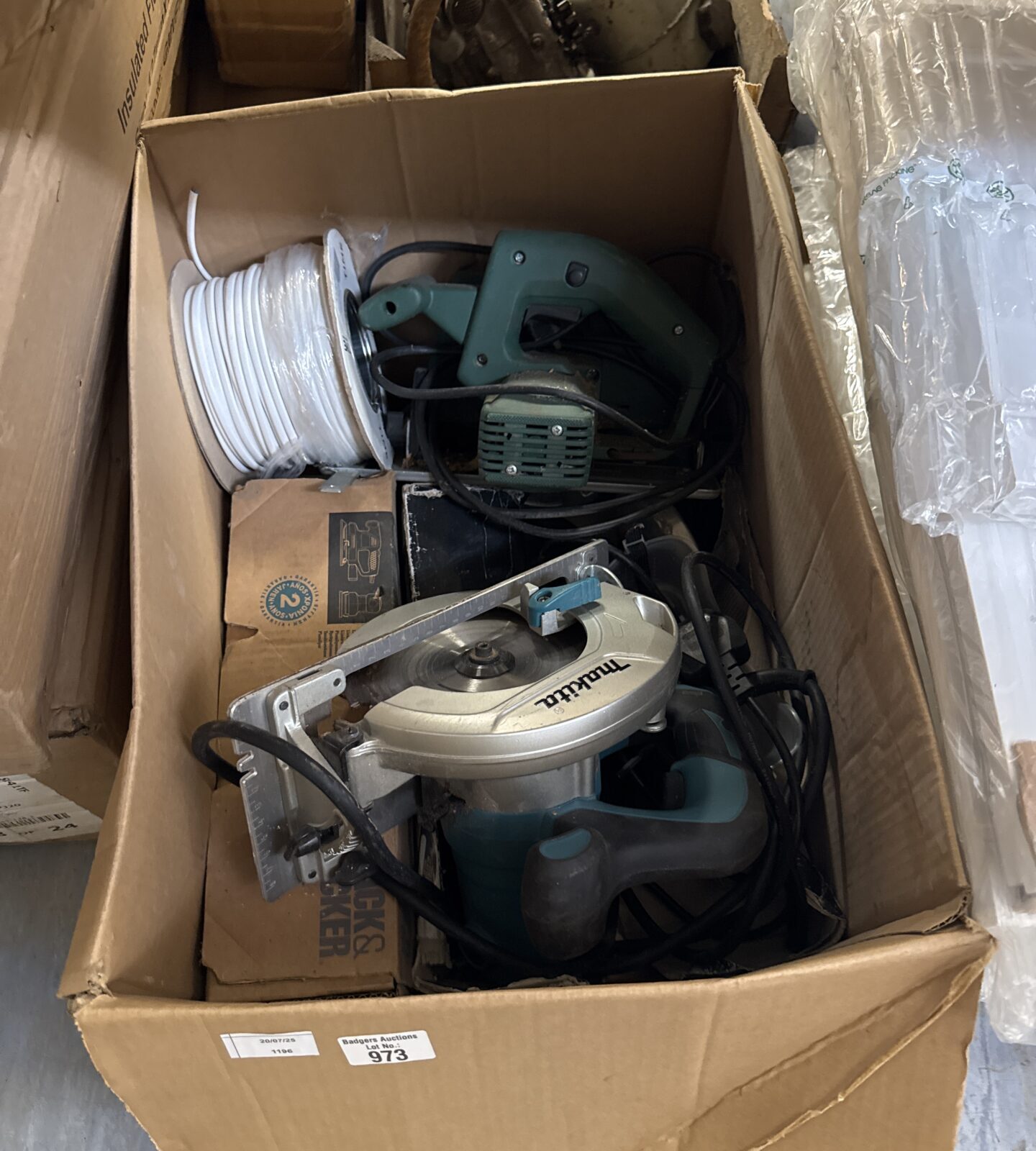 Box of shed clearance items inc Makita circular saw