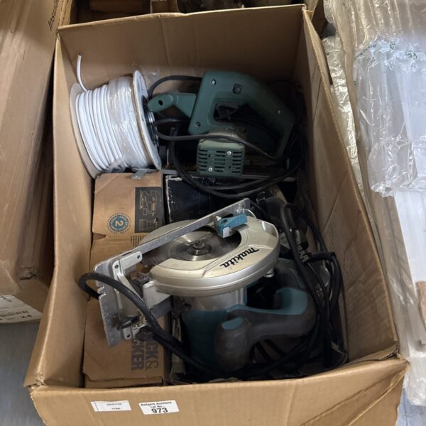 Box of shed clearance items inc Makita circular saw