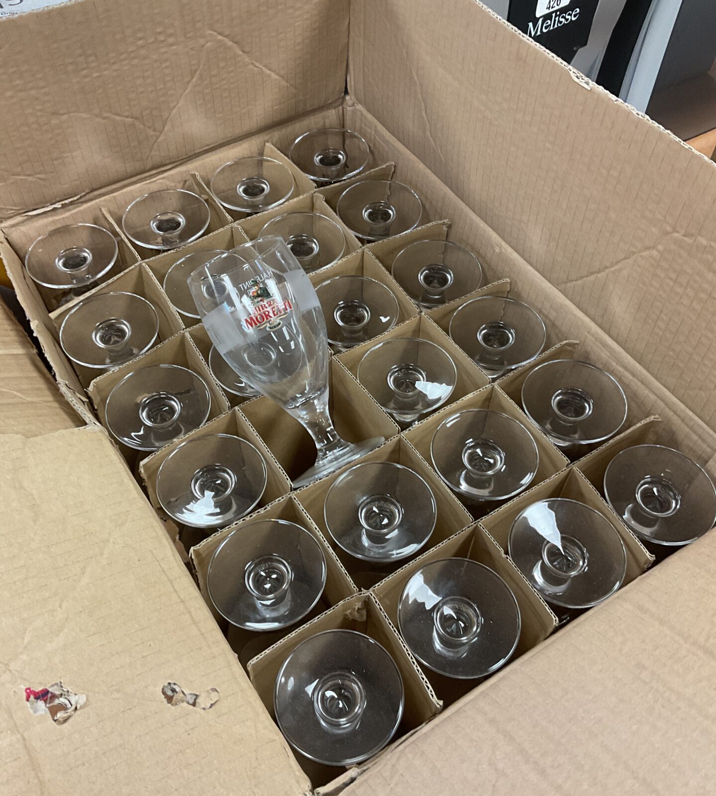 Box of 24 new birra moretti beer glasses