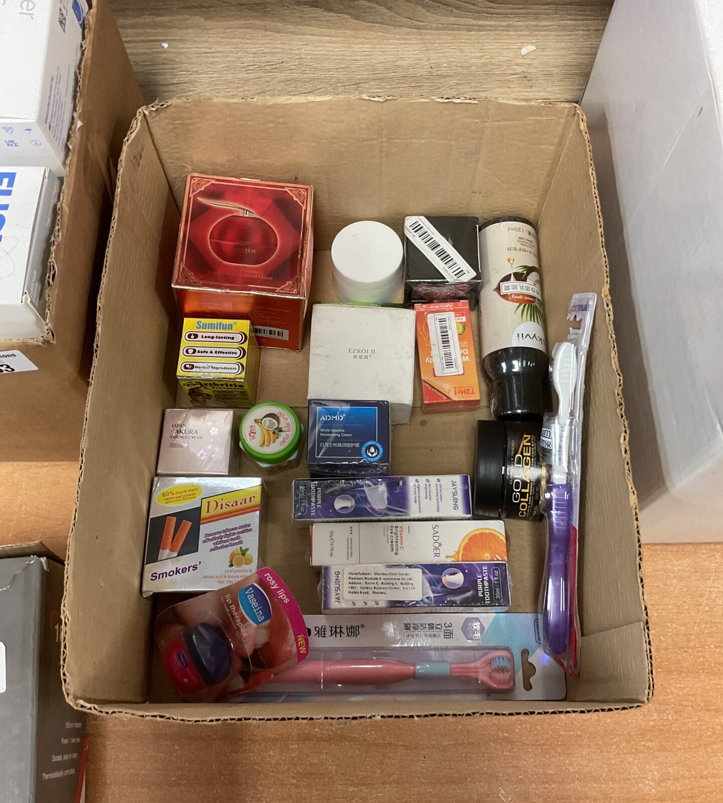 Box of new cosmetics & toiletries