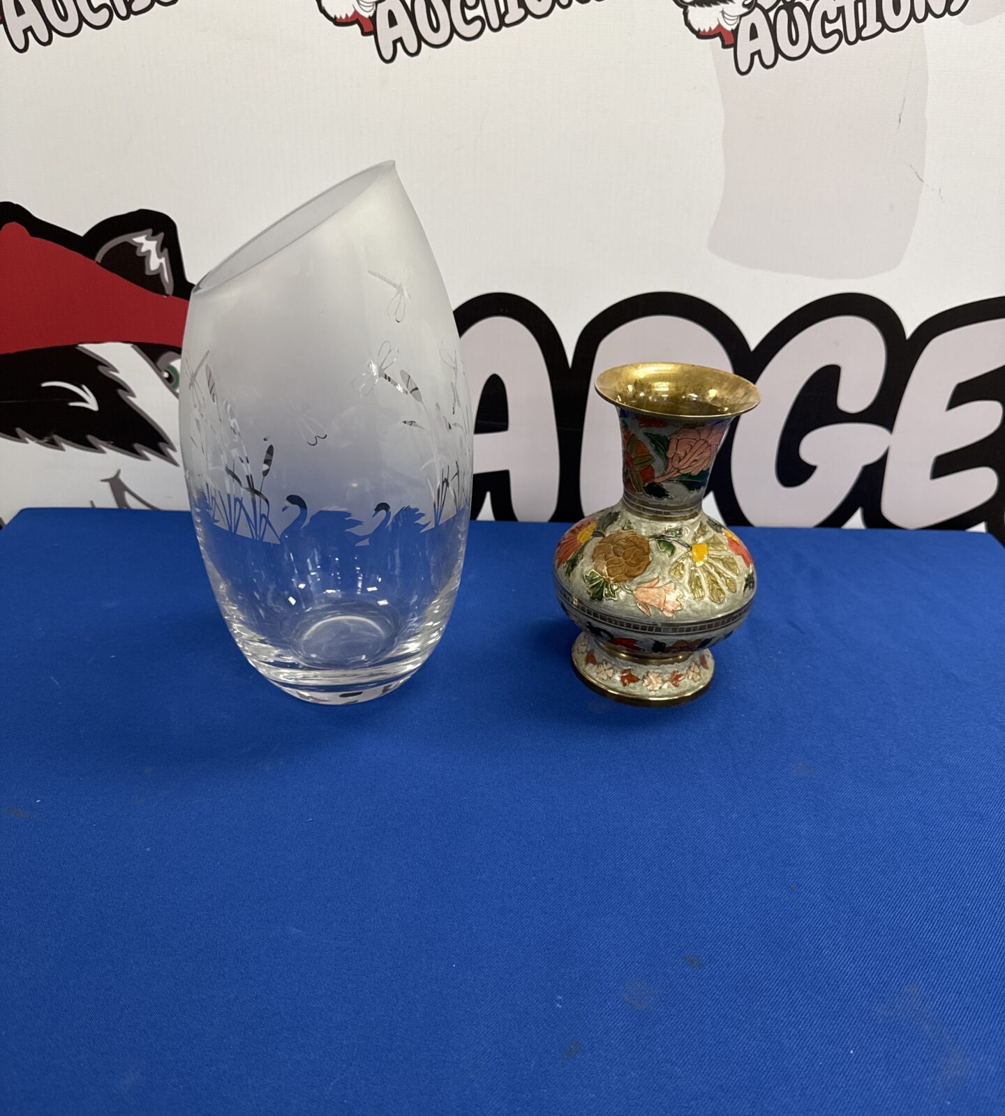 Enamel floral painted brass vase with frosted glass dragonfly themed vase