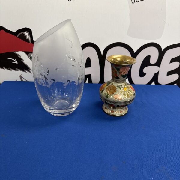 Enamel floral painted brass vase with frosted glass dragonfly themed vase