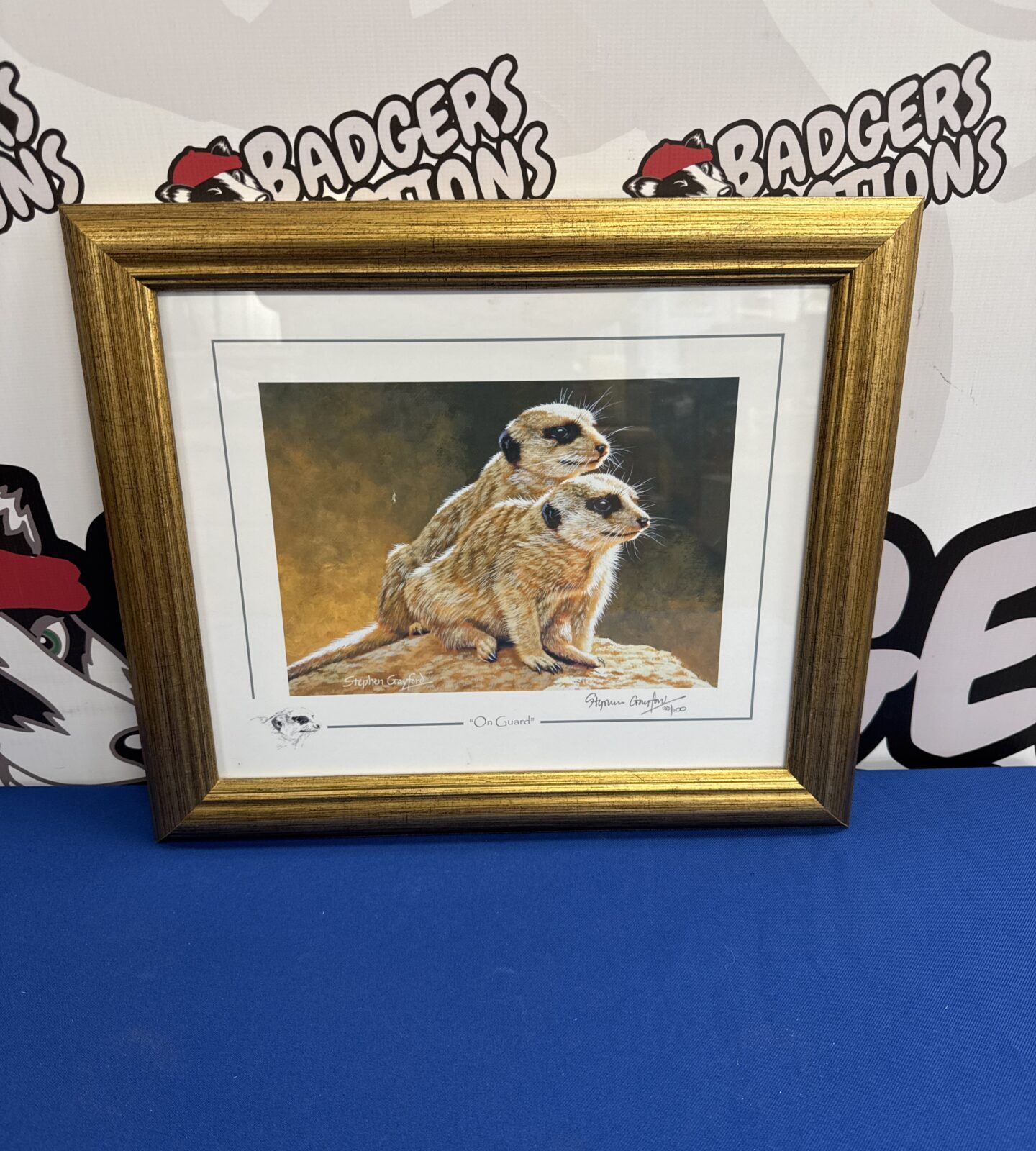 Limited edition signed print of meerkats titled “on guard” no 133/1100 by Stephen Gayford - 16.5” width