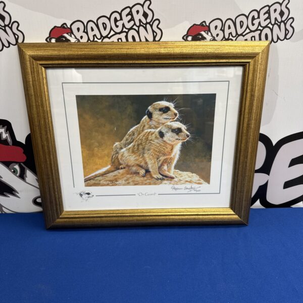 Limited edition signed print of meerkats titled “on guard” no 133/1100 by Stephen Gayford - 16.5” width