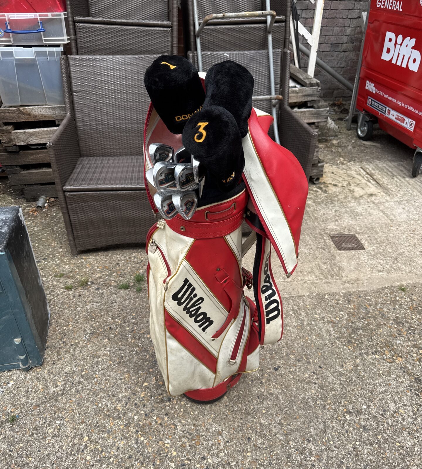Set of donnay pro one golf clubs in vintage Wilson leather bag