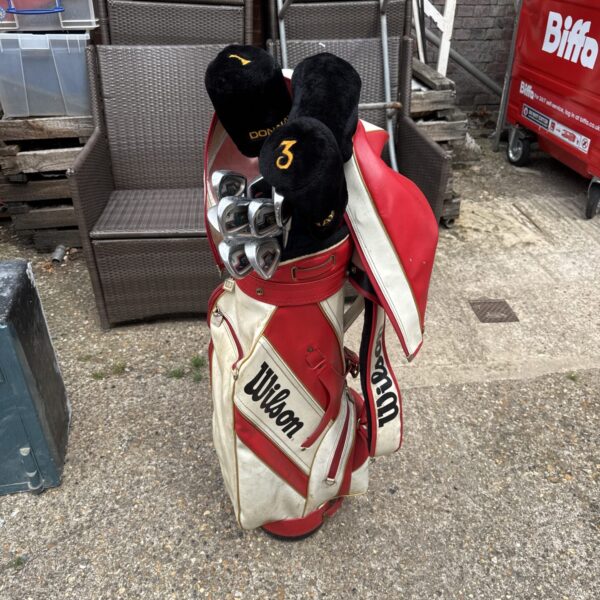 Set of donnay pro one golf clubs in vintage Wilson leather bag
