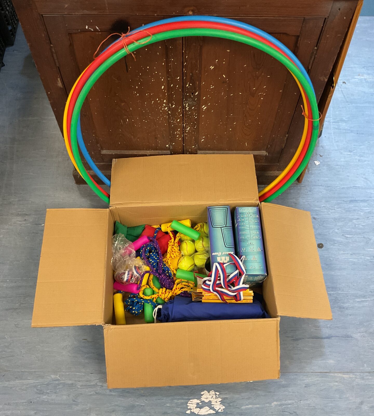 Selection of outdoor games amd items inc tennis balls, hula hoops and skips