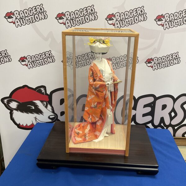 Japanese porcelain Geisha doll in case on wood plinth