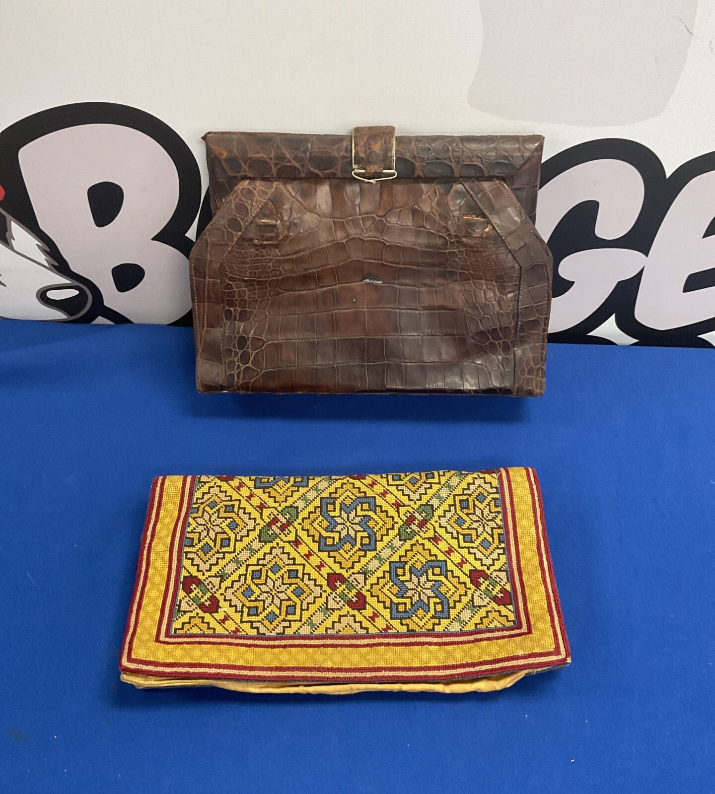 Vintage crocodile skin handbag and embroidered jarrods of Sloane street  handbag