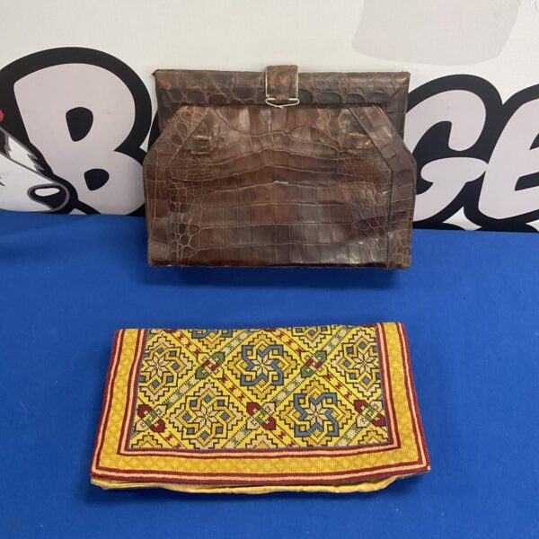Vintage crocodile skin handbag and embroidered jarrods of Sloane street  handbag