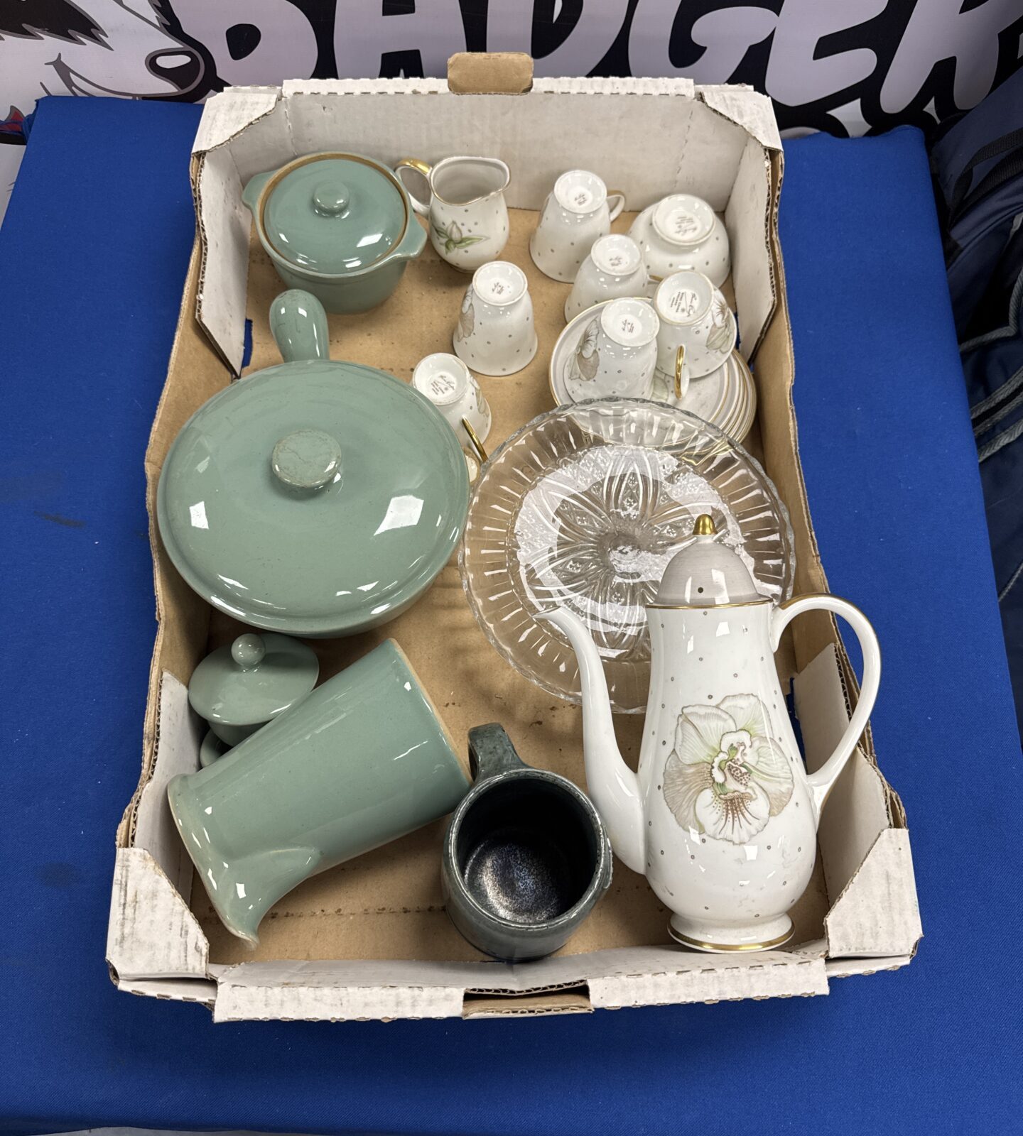 Tray of mixed items mostly chinaware inc Denby & susie cooper