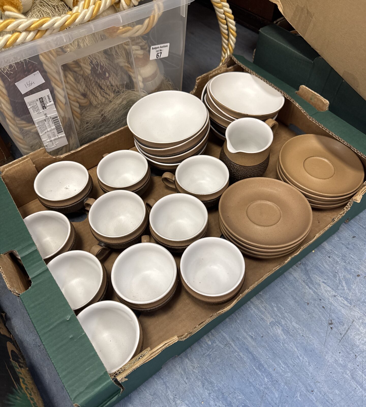 Tray of Denby stoneware cups, saucers & bowls