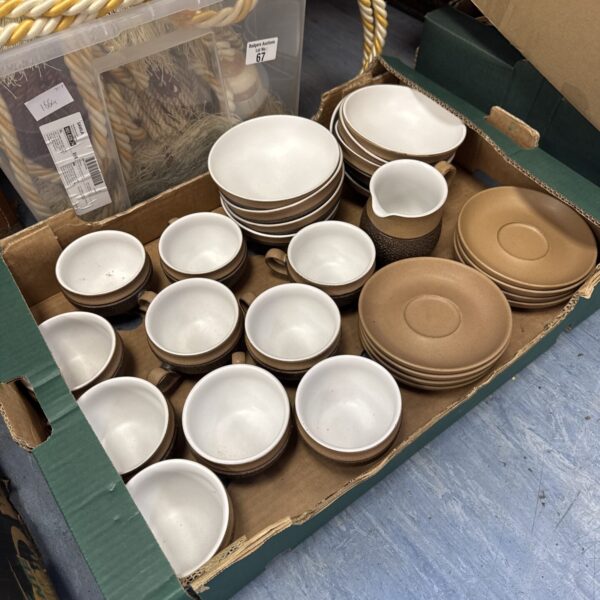 Tray of Denby stoneware cups, saucers & bowls