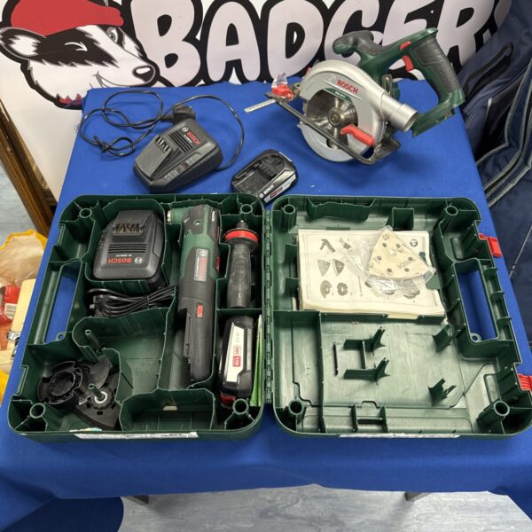 Bosch pks 18 LI cordless circular saw (working), Bosch advancedmulti 18 cordless multi tool (light flashes 3 times - possible fault) with two batteries & two chargers