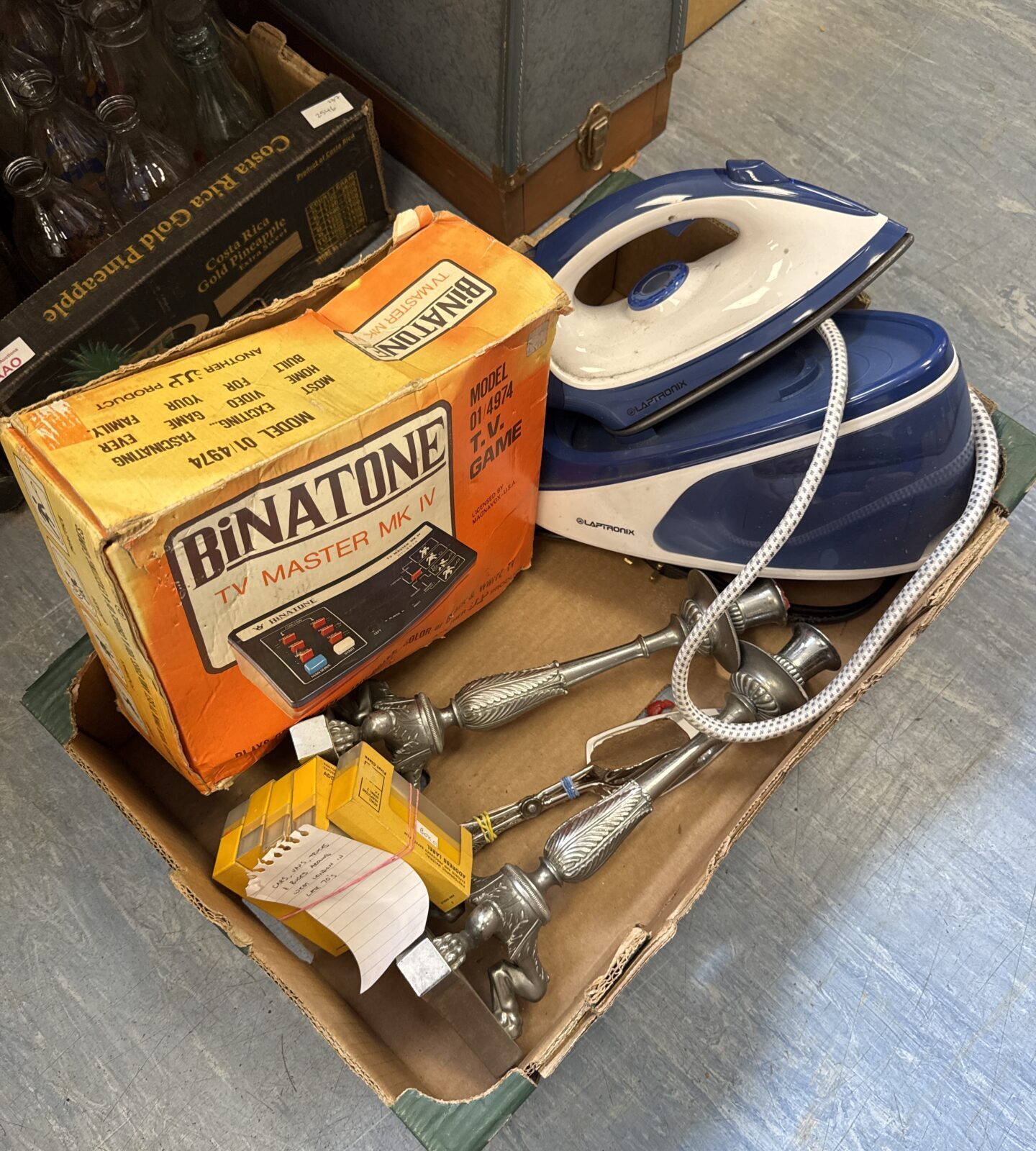 Tray of mixed items inc laptronik steam iron (working) Kodak photo slides of vehicles from west London 1970s & others