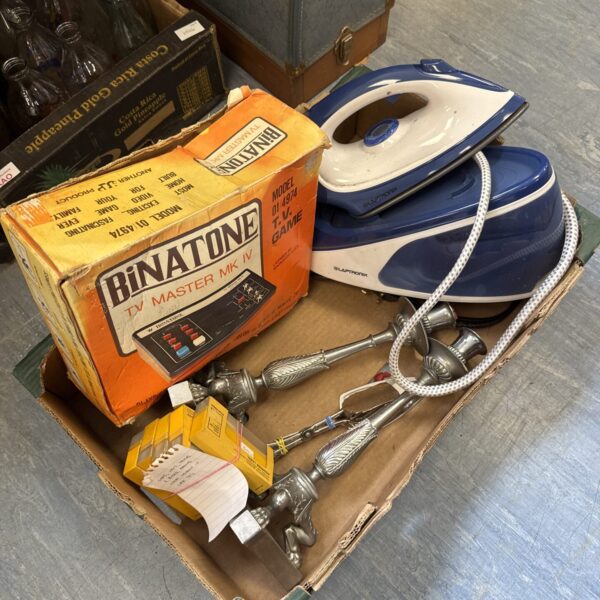 Tray of mixed items inc laptronik steam iron (working) Kodak photo slides of vehicles from west London 1970s & others