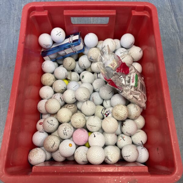 Box of assorted loose golf balls with new three pack of Srixon AD333 balls & opened packet of tees