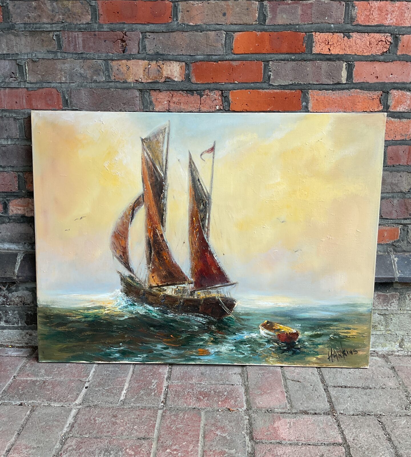 Large oil on canvas painting of a sailing boat signed hawkins