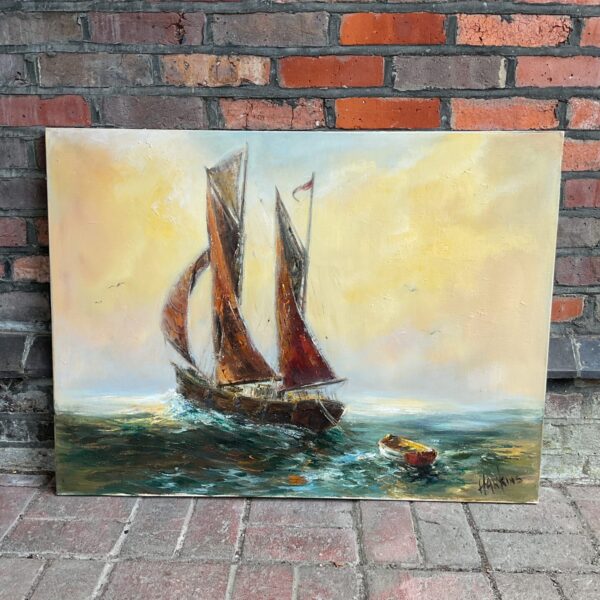 Large oil on canvas painting of a sailing boat signed hawkins