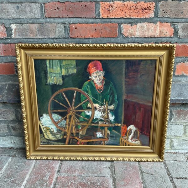 R harland signed oil painting of a lady working a spinning wheel